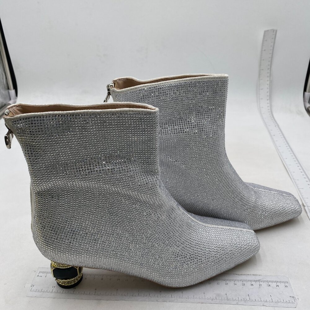XYD Women Gorgeous Mid Low Chunky Crystal Gem Heel Ankle Boots Closed Square Toe - Picture 4 of 8